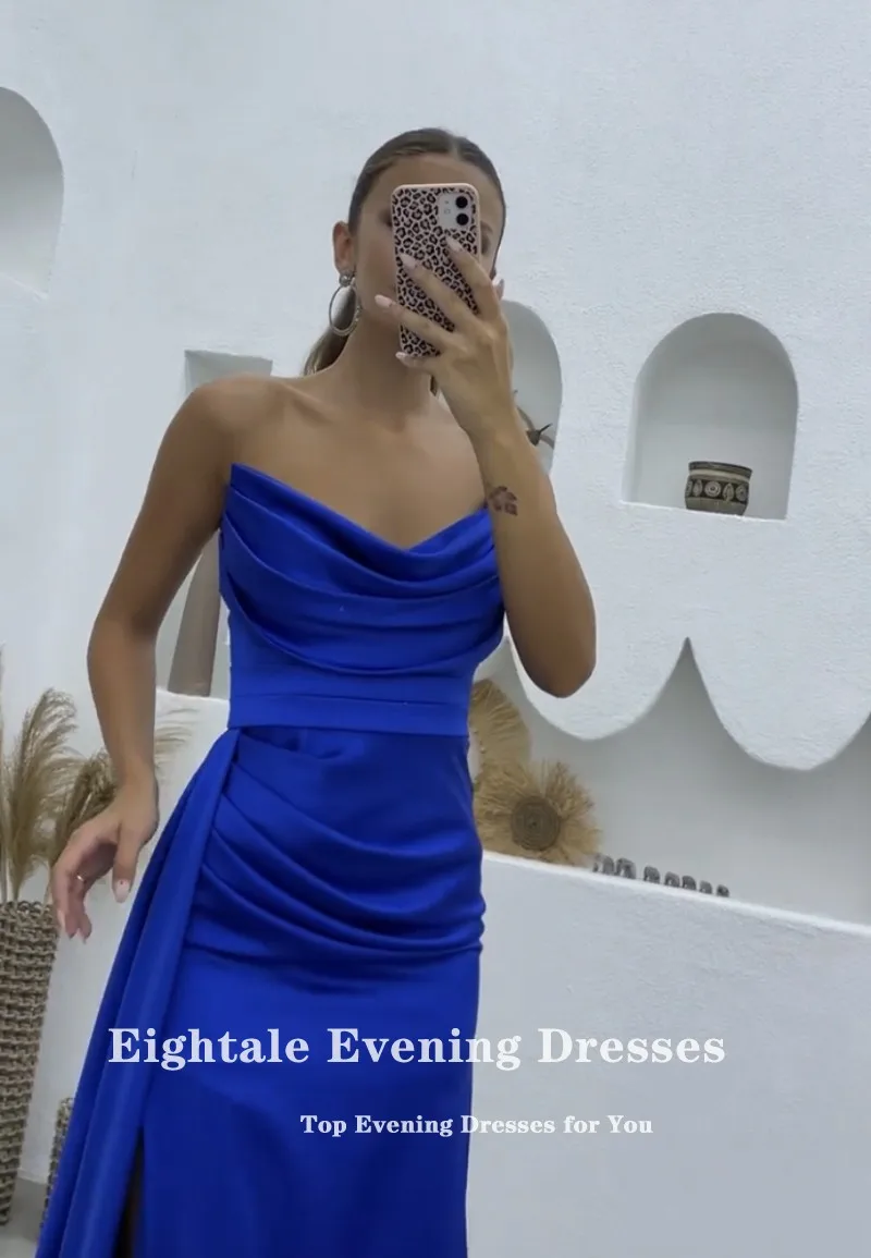 Eightale Mėlyną vakarinę Suknelę už Vestuves Satino Aukšto Pusėje Ritininės arabų Appliques Undinė Prom Chalatai Sławna Dress Nuotrauka 3