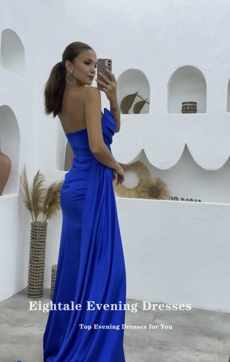 Eightale Mėlyną vakarinę Suknelę už Vestuves Satino Aukšto Pusėje Ritininės arabų Appliques Undinė Prom Chalatai Sławna Dress Nuotrauka 4