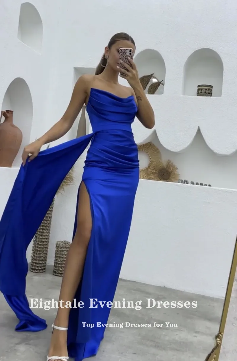 Eightale Mėlyną vakarinę Suknelę už Vestuves Satino Aukšto Pusėje Ritininės arabų Appliques Undinė Prom Chalatai Sławna Dress Nuotrauka 5