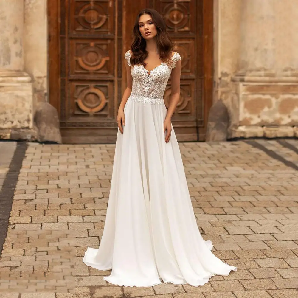 Thinyfull Elegantiškas Šifono Linijos Vestuvių Suknelė Iki 2021 M. Simpe Elegantiškas Iliuzija Kaklo Vestuvių Suknelės Vestido Boho Nuotakos Suknelės Nuotrauka 0