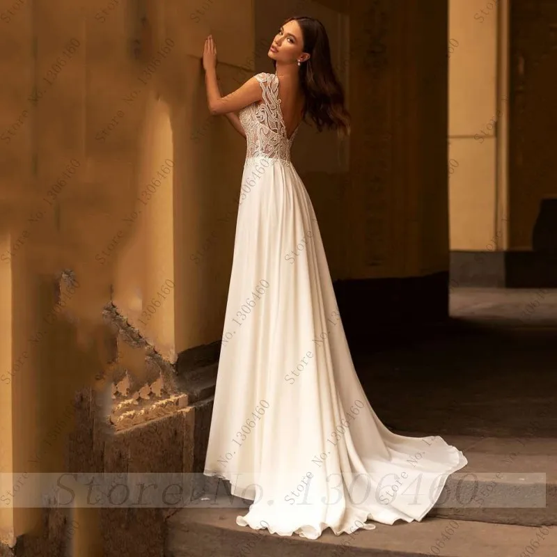 Thinyfull Elegantiškas Šifono Linijos Vestuvių Suknelė Iki 2021 M. Simpe Elegantiškas Iliuzija Kaklo Vestuvių Suknelės Vestido Boho Nuotakos Suknelės Nuotrauka 1