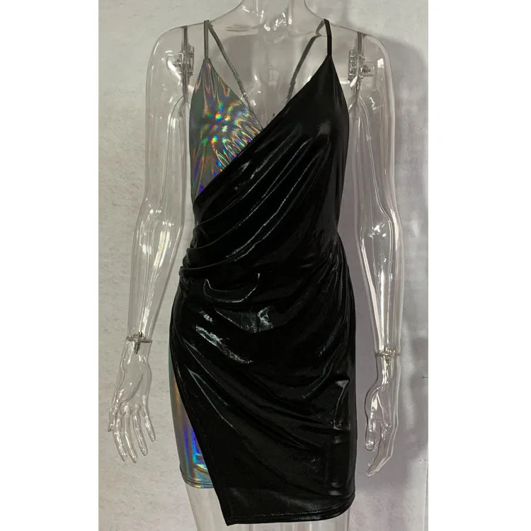 BacklakeGirls 2020 M. Moteris Mini Suknelė Vestidos Vintage V Kaklo, Rankovių Ryškus Juodos Ir Sidabro Kokteilių Suknelė Chalatas De Soiree Nuotrauka 5
