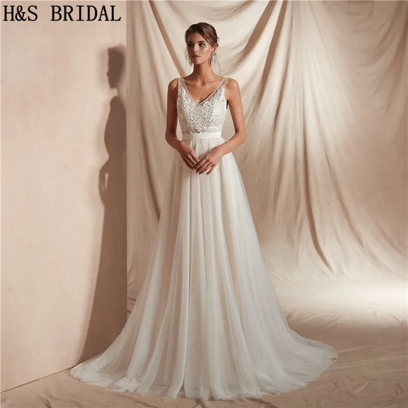 H&S VESTUVIŲ Paplūdimio Vestuvių Suknelės linijos, paprastas nuotaka vestuvių chalatai vestidos de novia vestuvių suknelės svečias Nuotrauka 0