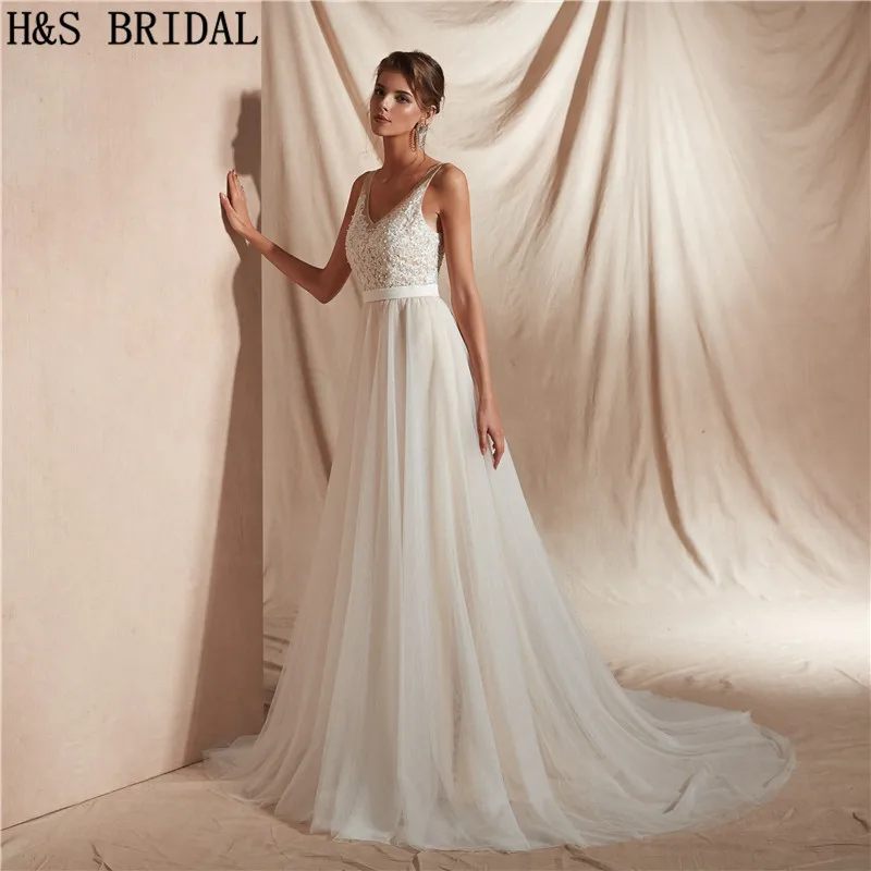 H&S VESTUVIŲ Paplūdimio Vestuvių Suknelės linijos, paprastas nuotaka vestuvių chalatai vestidos de novia vestuvių suknelės svečias Nuotrauka 1