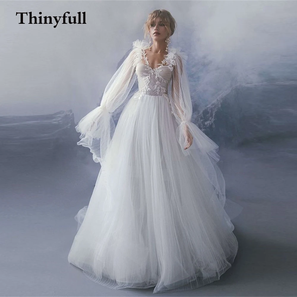 Thinyfull Šiuolaikinės Brangioji 3D Gėlių Vestuvių Suknelės Bohemijos Nuimamais Rankovėmis Beach-Line Bridal Nuotakos Suknelės, Vestidos Nuotrauka 0