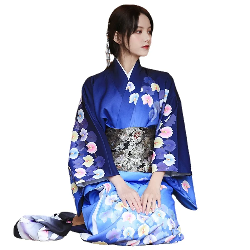 Tradicinis Japonų Ilgai Kimono Mėlynas Vyšnių Žiedų Spausdinti Yukata Moterų Apdaras Ilga Suknelė Fotografijos Cosplay Kostiumas Nuotrauka 0