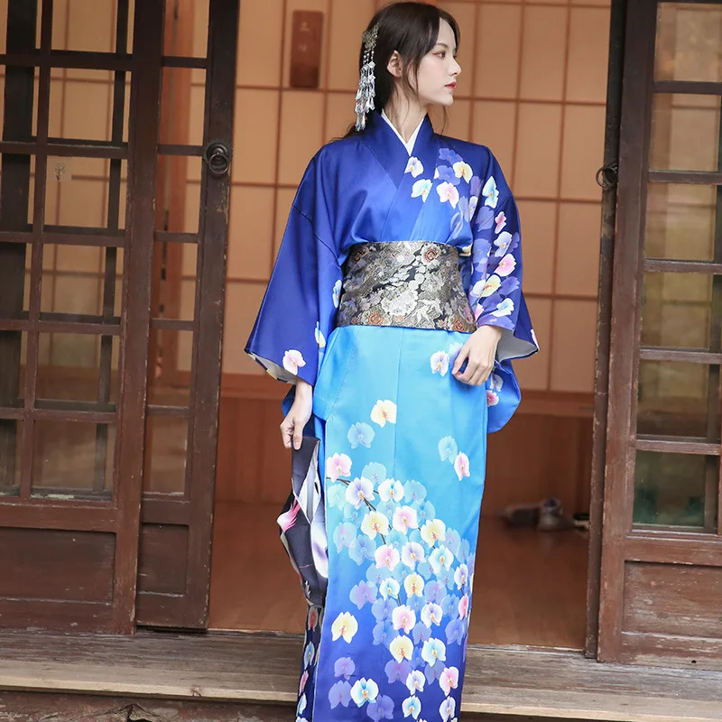 Tradicinis Japonų Ilgai Kimono Mėlynas Vyšnių Žiedų Spausdinti Yukata Moterų Apdaras Ilga Suknelė Fotografijos Cosplay Kostiumas Nuotrauka 1