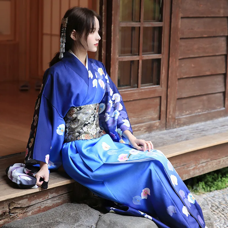 Tradicinis Japonų Ilgai Kimono Mėlynas Vyšnių Žiedų Spausdinti Yukata Moterų Apdaras Ilga Suknelė Fotografijos Cosplay Kostiumas Nuotrauka 2