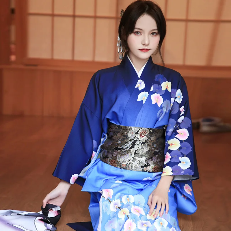 Tradicinis Japonų Ilgai Kimono Mėlynas Vyšnių Žiedų Spausdinti Yukata Moterų Apdaras Ilga Suknelė Fotografijos Cosplay Kostiumas Nuotrauka 3