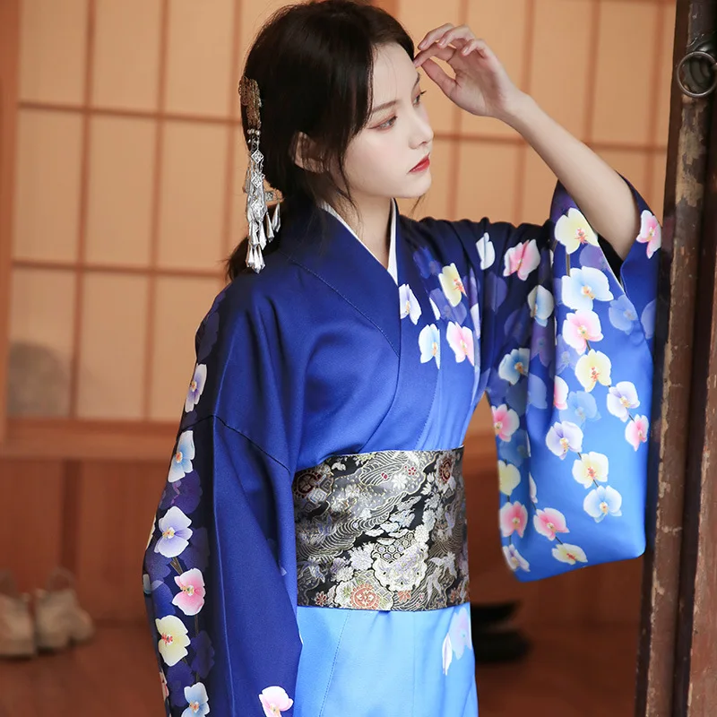 Tradicinis Japonų Ilgai Kimono Mėlynas Vyšnių Žiedų Spausdinti Yukata Moterų Apdaras Ilga Suknelė Fotografijos Cosplay Kostiumas Nuotrauka 4