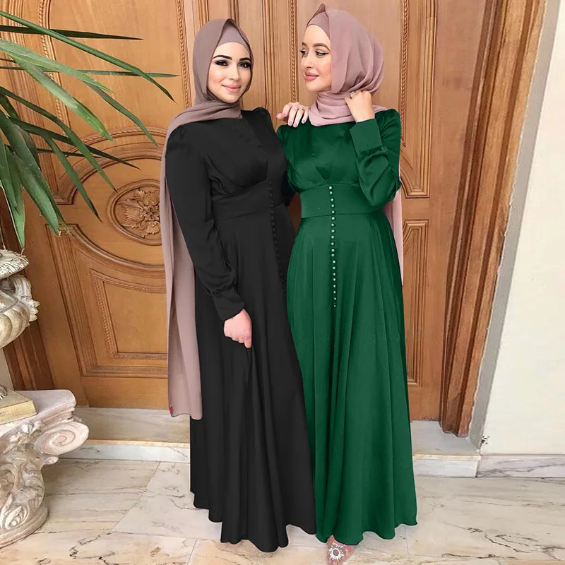 Saudo Arabijos Islamo Duobute Elegantiškas Satino Konservatorius Ilga Suknelė Musulmonų Mados Moterų Suknelė Abaja Amerikos Vakarinę Suknelę Nuotrauka 1