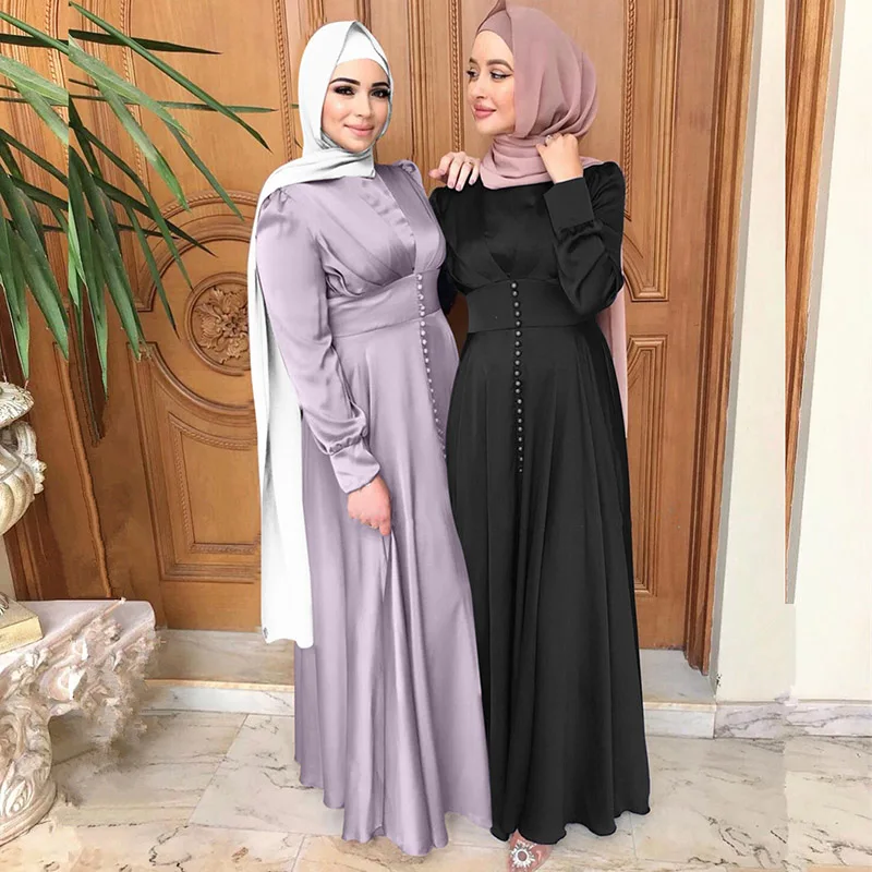 Saudo Arabijos Islamo Duobute Elegantiškas Satino Konservatorius Ilga Suknelė Musulmonų Mados Moterų Suknelė Abaja Amerikos Vakarinę Suknelę Nuotrauka 2