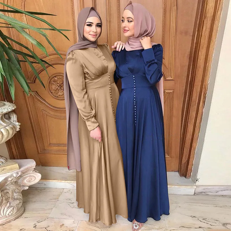 Saudo Arabijos Islamo Duobute Elegantiškas Satino Konservatorius Ilga Suknelė Musulmonų Mados Moterų Suknelė Abaja Amerikos Vakarinę Suknelę Nuotrauka 3