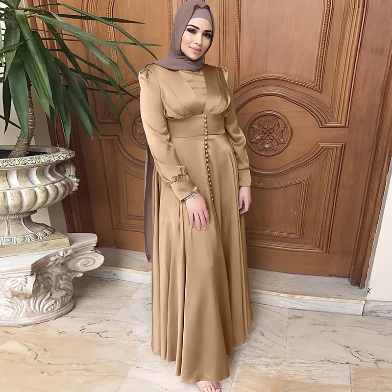 Saudo Arabijos Islamo Duobute Elegantiškas Satino Konservatorius Ilga Suknelė Musulmonų Mados Moterų Suknelė Abaja Amerikos Vakarinę Suknelę Nuotrauka 4