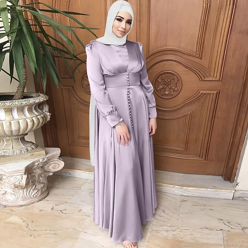 Saudo Arabijos Islamo Duobute Elegantiškas Satino Konservatorius Ilga Suknelė Musulmonų Mados Moterų Suknelė Abaja Amerikos Vakarinę Suknelę Nuotrauka 5