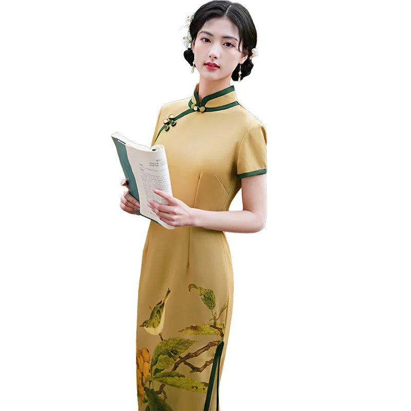 2022 Naujas Yelloww Cheongsam Kinų Suknelė Drabužių Derliaus Gėlių Spausdinti Moterų Tradiciniai Qipao Ilgas Chalatas, Trumpomis Rankovėmis Vestidos Nuotrauka 2