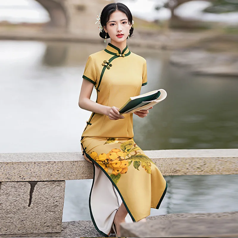 2022 Naujas Yelloww Cheongsam Kinų Suknelė Drabužių Derliaus Gėlių Spausdinti Moterų Tradiciniai Qipao Ilgas Chalatas, Trumpomis Rankovėmis Vestidos Nuotrauka 4